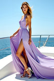 A Line Flowy Lilac Pleated Chiffon Long Bridesmaid Dress with Slit