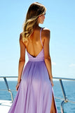A Line Flowy Lilac Pleated Chiffon Long Bridesmaid Dress with Slit