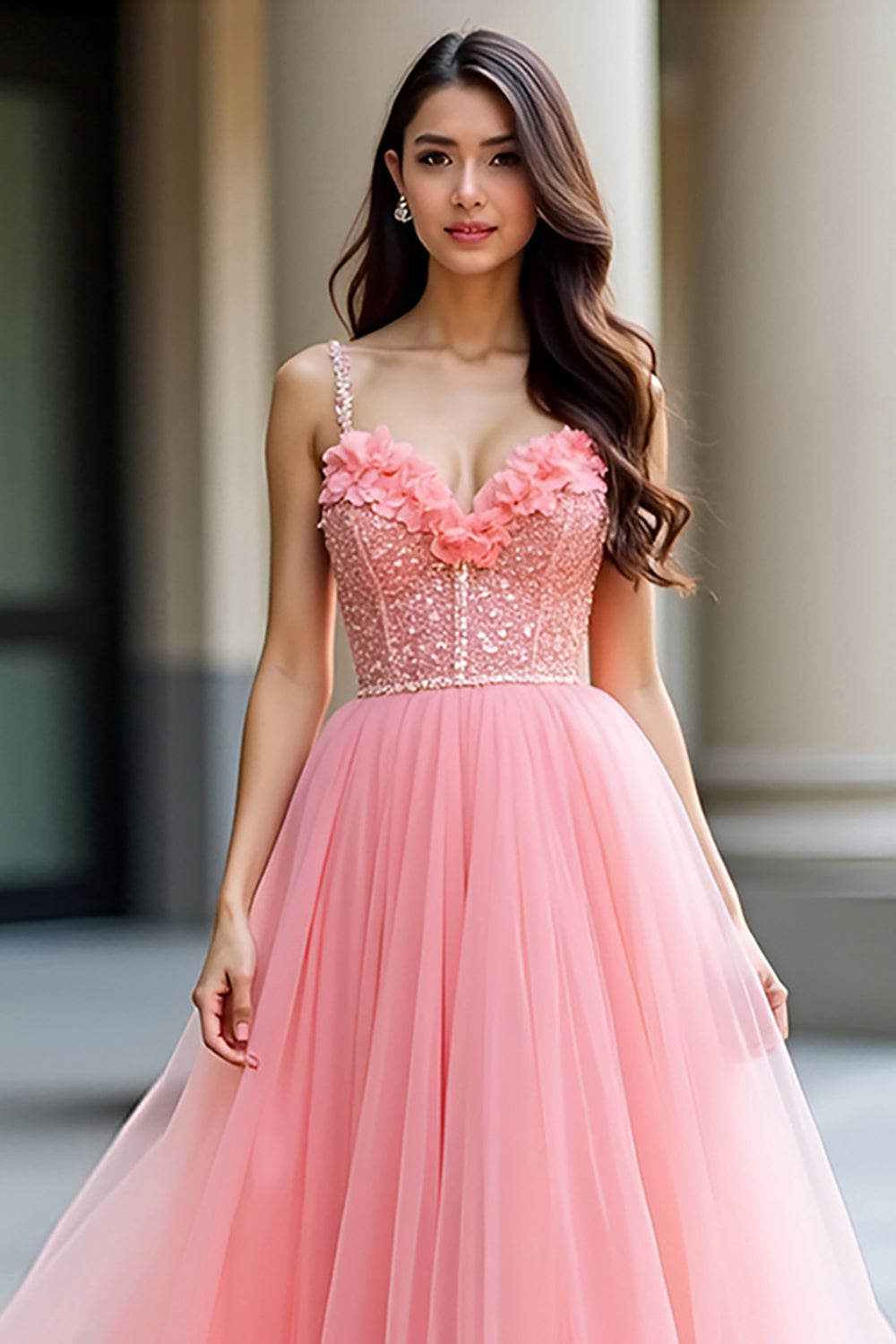 Floral Pink A Line Long Prom Dress with Beading