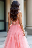 Floral Pink A Line Long Prom Dress with Beading