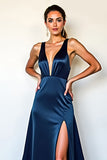 Navy Deep V-Neck Satin Long Formal Dress with Slit
