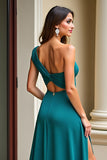One Shoulder Peacock Green Satin Long Prom Dress with Slit
