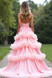 Ball Gown Pink Sweetheart Tiered Long Prom Dress
