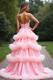 Ball Gown Pink Sweetheart Tiered Long Prom Dress