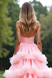 Ball Gown Pink Sweetheart Tiered Long Prom Dress