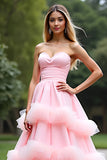 Ball Gown Pink Sweetheart Tiered Long Prom Dress