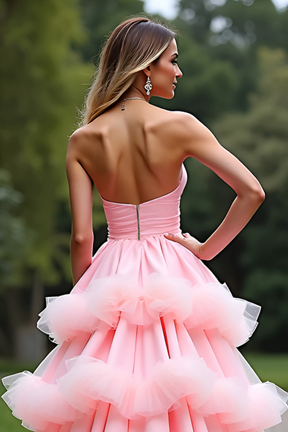 Ball Gown Pink Sweetheart Tiered Long Prom Dress