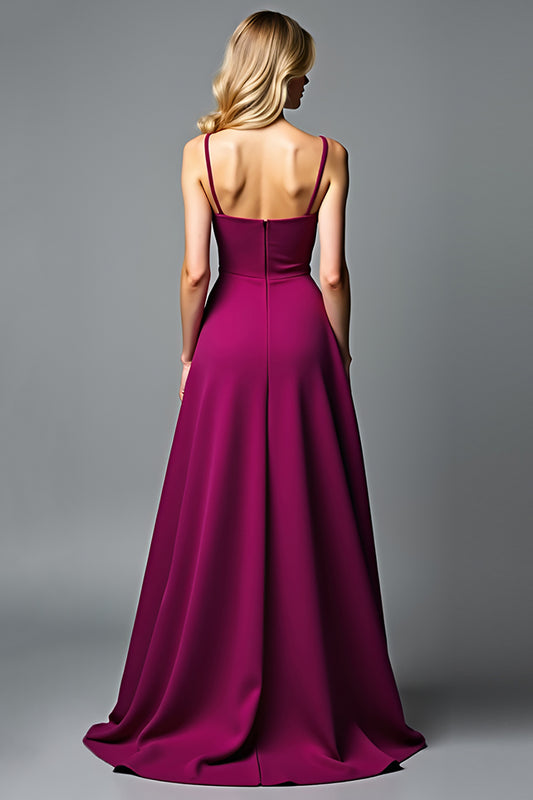 A Line V-Neck Dark Purple Satin Long Formal Dress with Ruffles