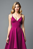 A Line V-Neck Dark Purple Satin Long Formal Dress with Ruffles