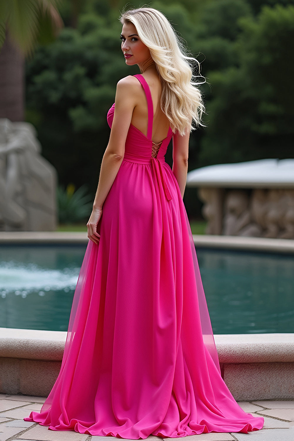 A Line Fuchsia Chiffon Sweetheart Long Prom Dress
