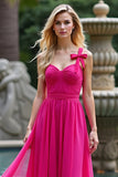 A Line Fuchsia Chiffon Sweetheart Long Prom Dress