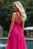 A Line Fuchsia Chiffon Sweetheart Long Prom Dress