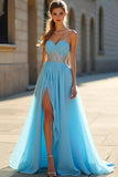 Beaded Blue A Line Chiffon Long Prom Dress with Slit