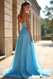 Beaded Blue A Line Chiffon Long Prom Dress with Slit
