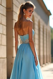 Beaded Blue A Line Chiffon Long Prom Dress with Slit