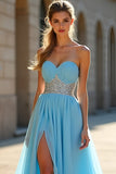 Beaded Blue A Line Chiffon Long Prom Dress with Slit