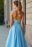 Beaded Blue A Line Chiffon Long Prom Dress with Slit