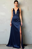 Satin Navy Deep V-Neck Long Formal Dress with Slit