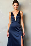 Satin Navy Deep V-Neck Long Formal Dress with Slit