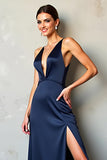 Satin Navy Deep V-Neck Long Formal Dress with Slit