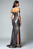 Dark Grey Sheath Off the Shoulder Long Formal Dress with Slit