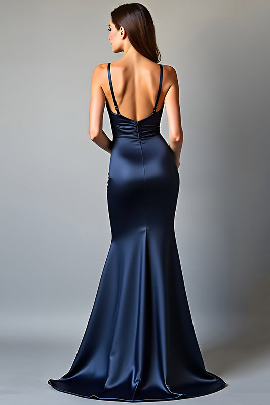 Sheath Navy Deep V-Neck Long Prom Dress with Slit