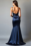 Sheath Navy Deep V-Neck Long Prom Dress with Slit