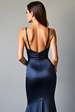 Sheath Navy Deep V-Neck Long Prom Dress with Slit