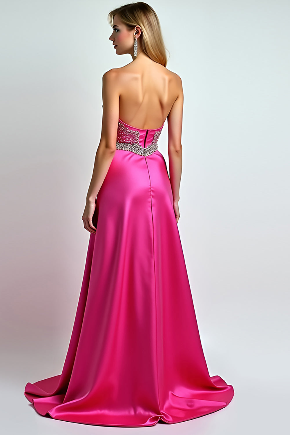 Beaded Fuchsia Sweetheart A Line Long Prom Dress with Slit
