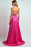Beaded Fuchsia Sweetheart A Line Long Prom Dress with Slit