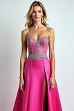 Beaded Fuchsia Sweetheart A Line Long Prom Dress with Slit