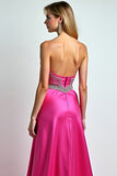 Beaded Fuchsia Sweetheart A Line Long Prom Dress with Slit