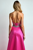 Beaded Fuchsia Sweetheart A Line Long Prom Dress with Slit