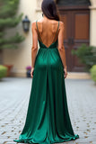 A Line Ruched Dark Green Satin Long Prom Dress with Slit