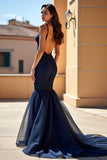 Lace Navy Spaghetti Straps Long Prom Dress