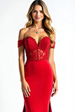 Lace Sheath Red Off the Shoulder Long Prom Dress