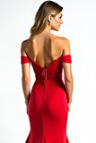 Lace Sheath Red Off the Shoulder Long Prom Dress