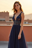 A Line Navy Backless V-Neck Long Formal Dress