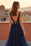 A Line Navy Backless V-Neck Long Formal Dress