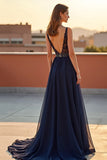A Line Navy Backless V-Neck Long Formal Dress