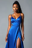 Satin Royal Blue A Line Long Prom Dress with Slit