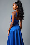 Satin Royal Blue A Line Long Prom Dress with Slit