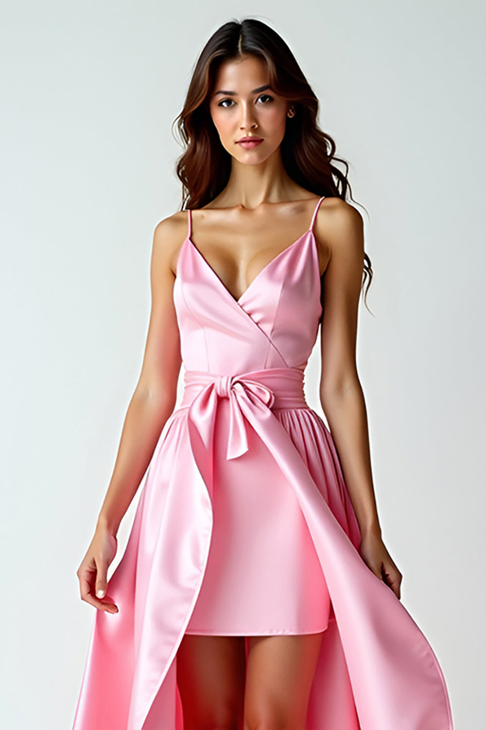 Asymmetrical Pink V-Neck High-Low Prom Dress