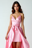 Asymmetrical Pink V-Neck High-Low Prom Dress