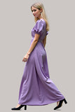 Purple Satin V-Neck Long Formal Dress with Short Sleeves