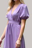 Purple Satin V-Neck Long Formal Dress with Short Sleeves