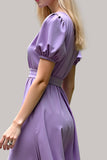 Purple Satin V-Neck Long Formal Dress with Short Sleeves
