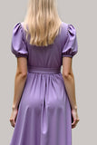 Purple Satin V-Neck Long Formal Dress with Short Sleeves