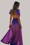 Backless Purple Ruched Long Formal Dress with Puff Sleeves