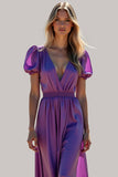 Backless Purple Ruched Long Formal Dress with Puff Sleeves